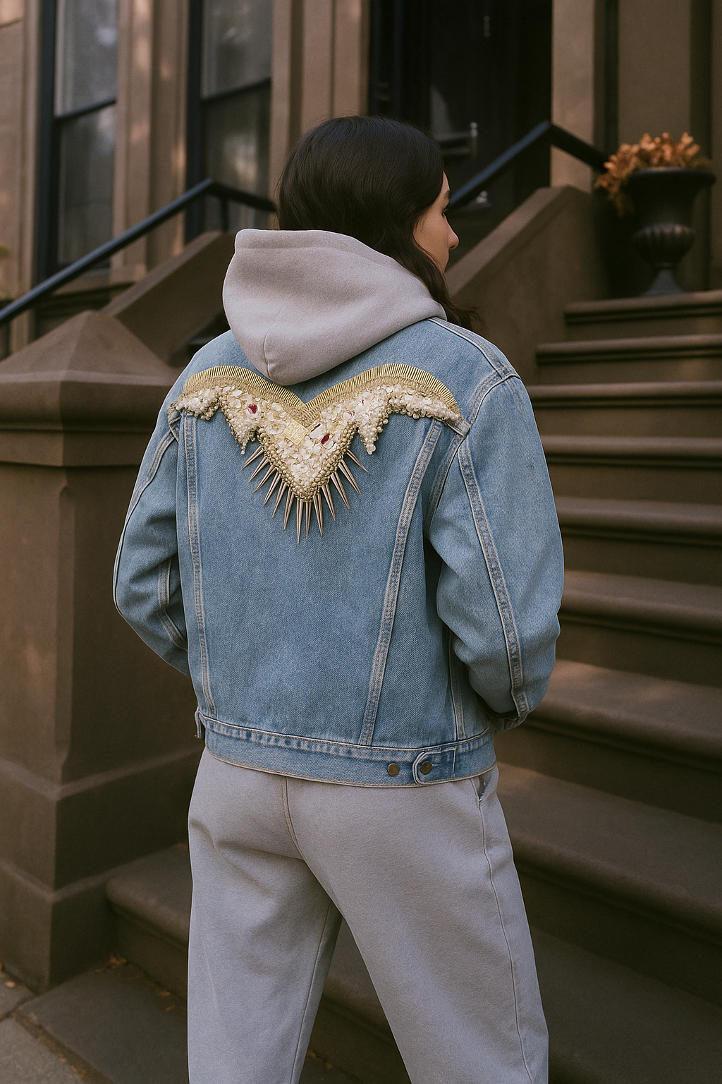 Gümüş Kanat İşlemeli Açık Renk Jean Ceket