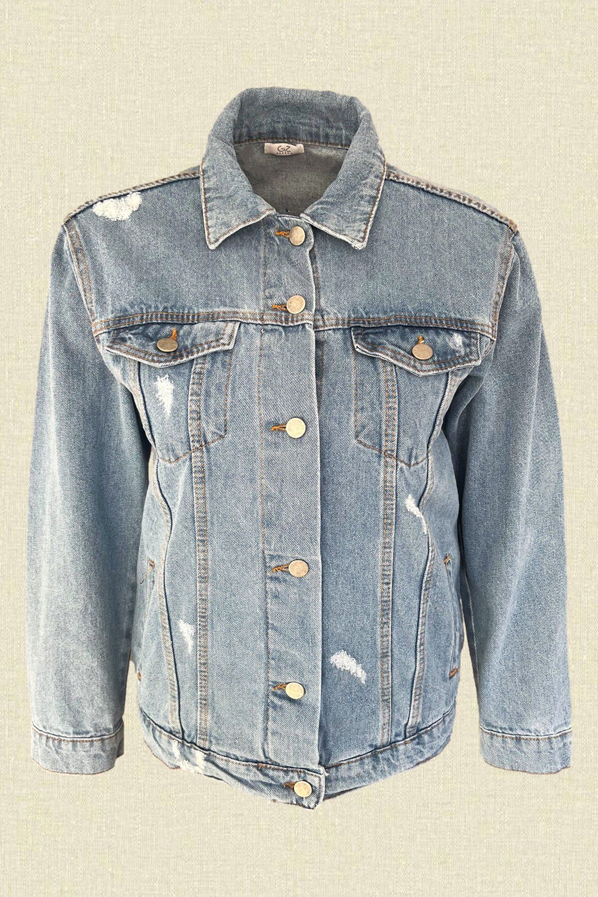 Gümüş Kanat İşlemeli Açık Renk Jean Ceket