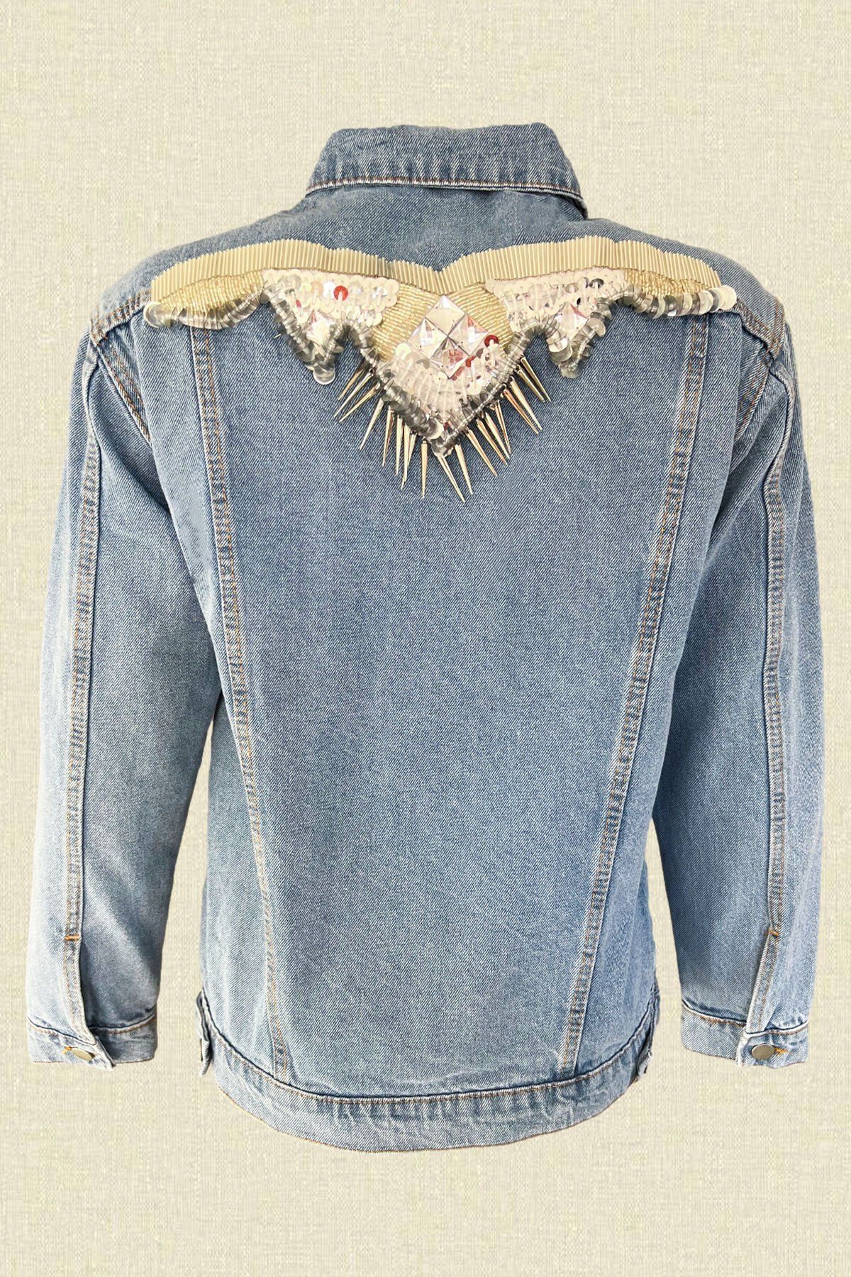 Gümüş Kanat İşlemeli Açık Renk Jean Ceket