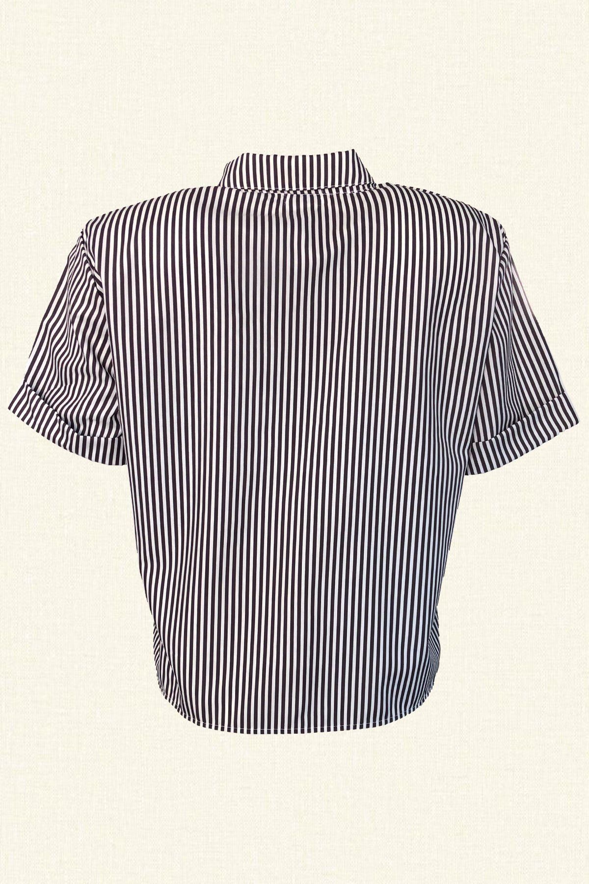 Sarı Çiçek İşlemeli Siyah Beyaz Çizgili Kısa Kollu Oversize Gömlek