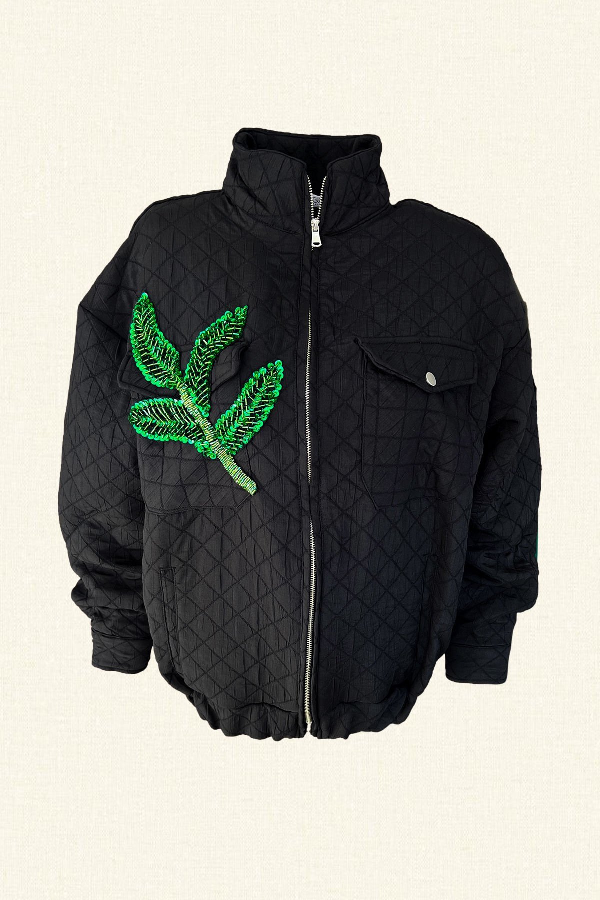 Yeşil Yaprak İşlemeli Siyah Bomber Ceket