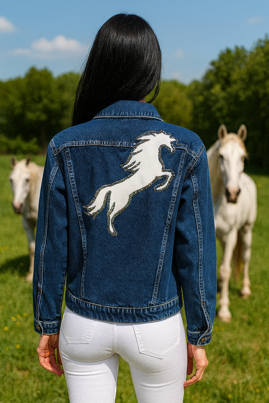 Gri Deri Üzeri Boncuk İşlemeli At Figürlü Koyu Renk Jean Ceket