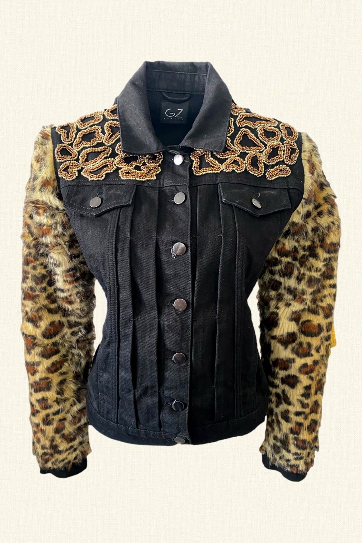 Kolları Leopar Kürklü Önü Boncuk İşli Siyah Jean Ceket