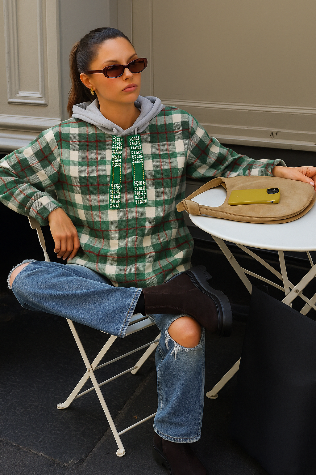 İşleme Detaylı Yeşil Ekoseli Kapüşonlu Sweatshirt