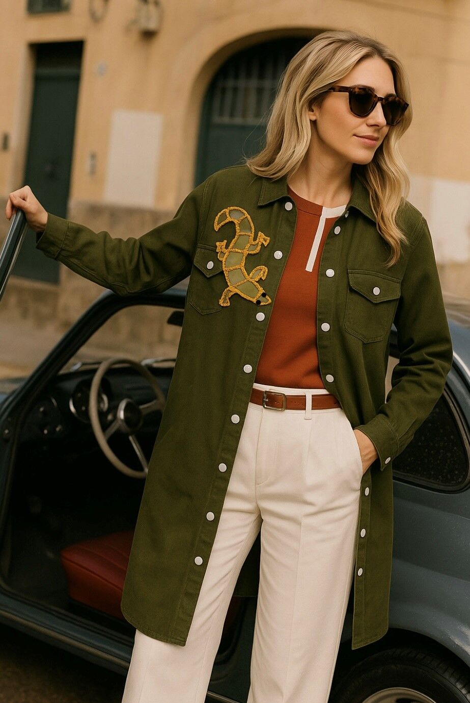 Deri Üzeri Boncuk İşlemeli Kertenkele Figürlü Uzun Yeşil Renk Jean Ceket