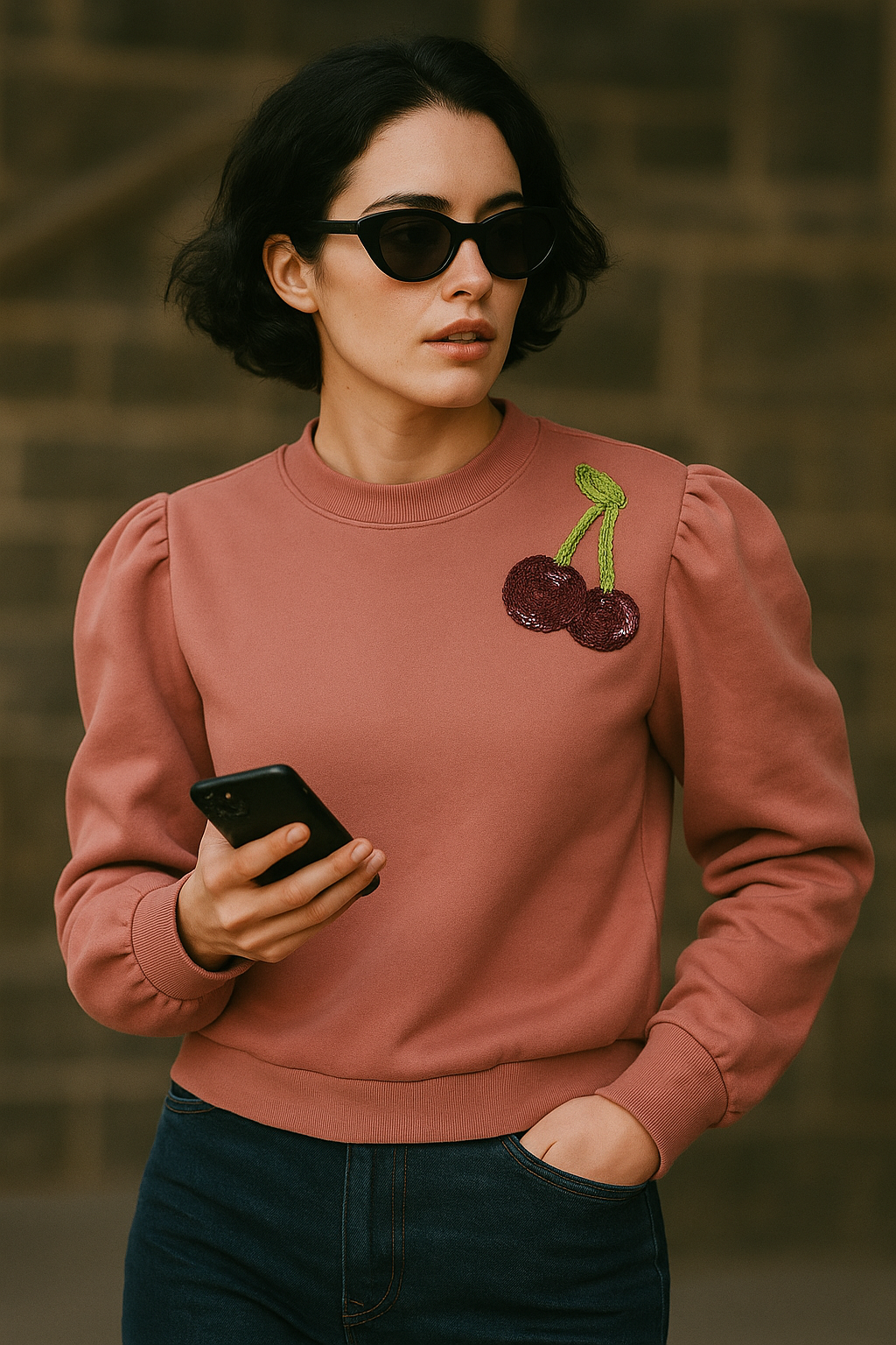 Kiraz İşlemeli Balon Kollu Gül Kurusu İnce Sweatshirt