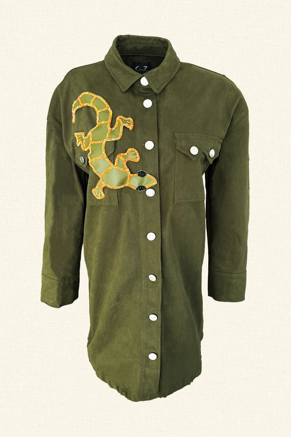 Deri Üzeri Boncuk İşlemeli Kertenkele Figürlü Uzun Yeşil Renk Jean Ceket