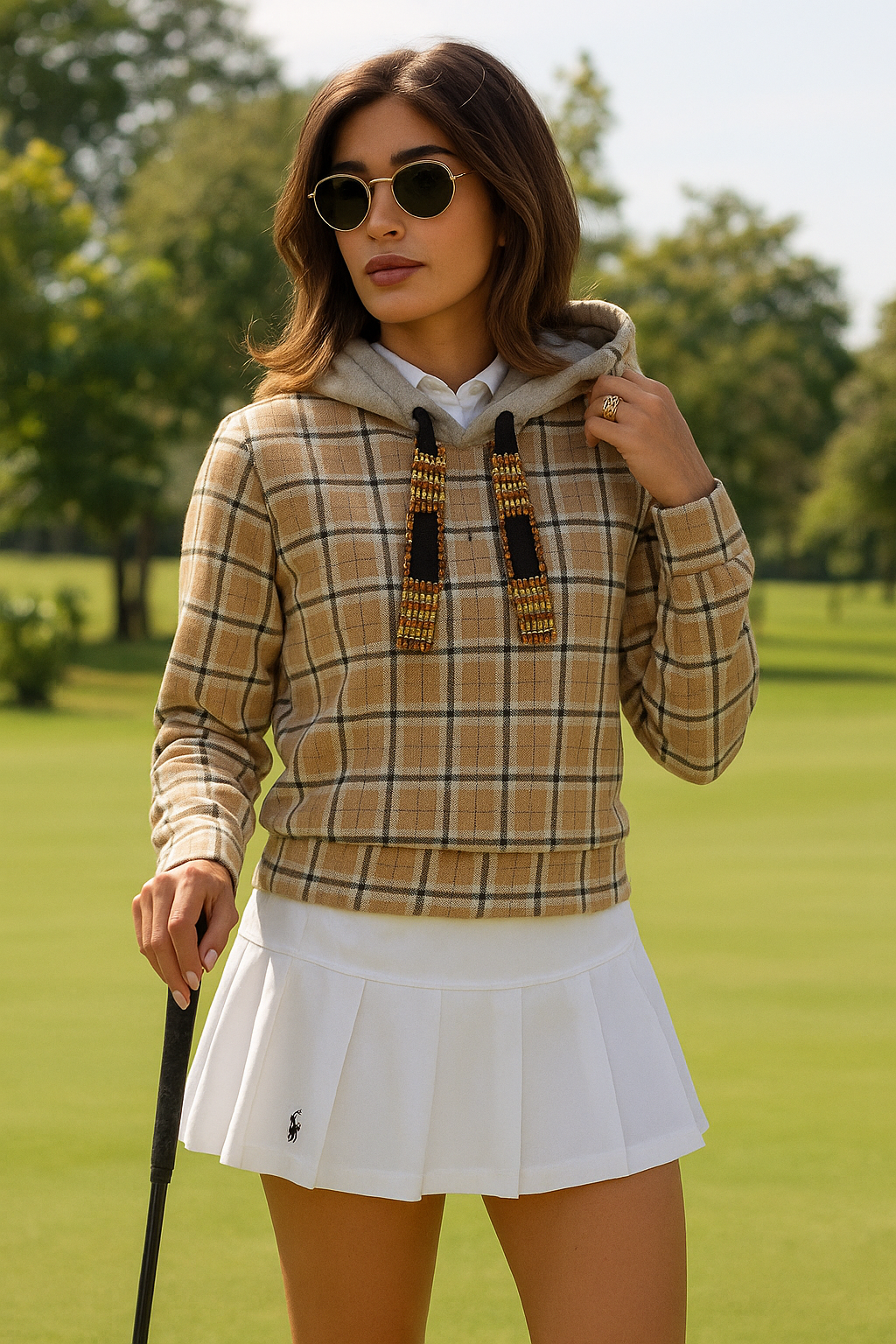 İşleme Detaylı Krem Ekoseli Kapüşonlu Sweatshirt