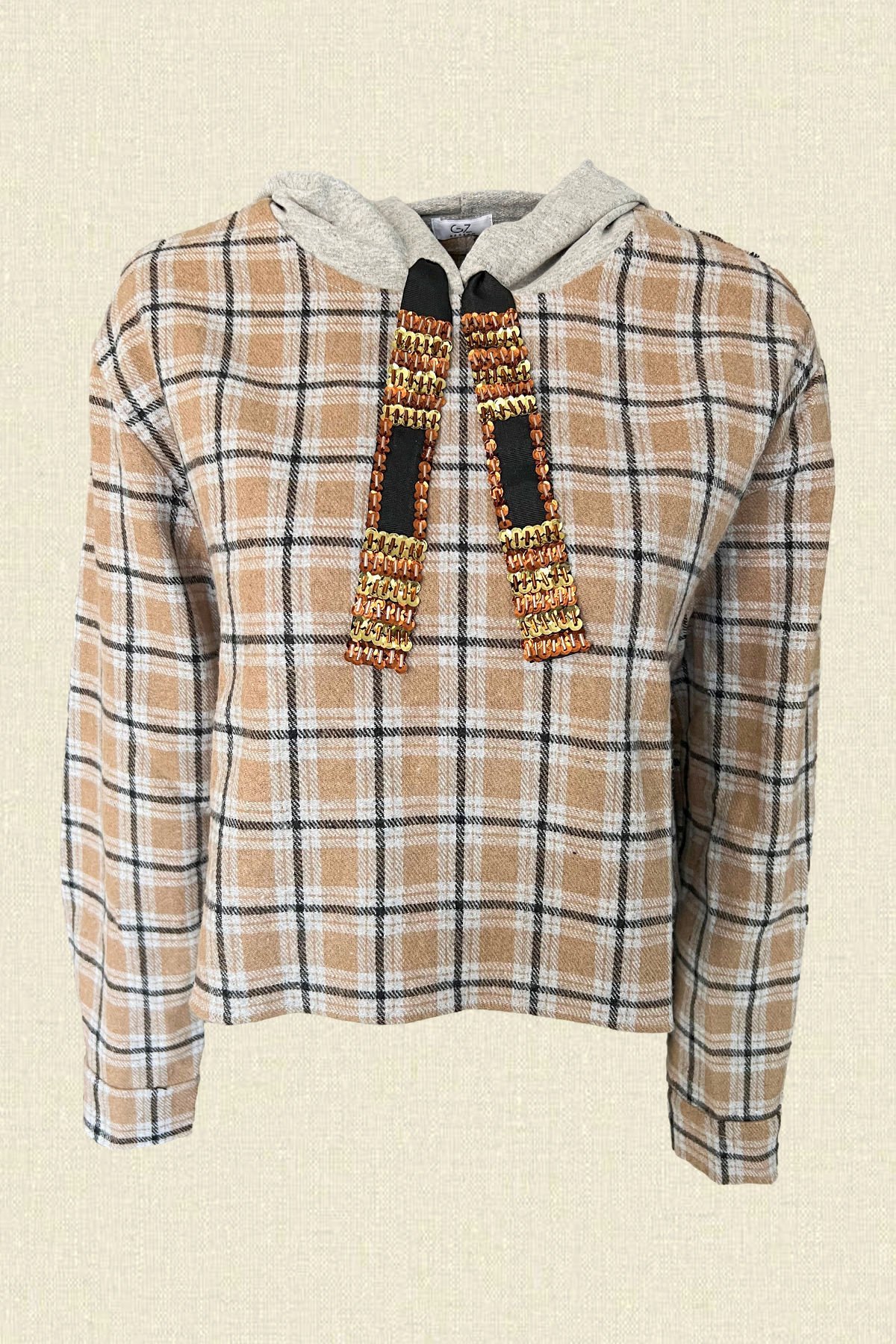 İşleme Detaylı Krem Ekoseli Kapüşonlu Sweatshirt