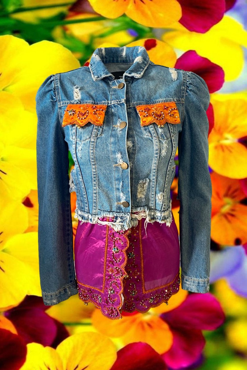 Hint Esintili Eteği Mor ve Turuncu Kumaşlı Jean Ceket