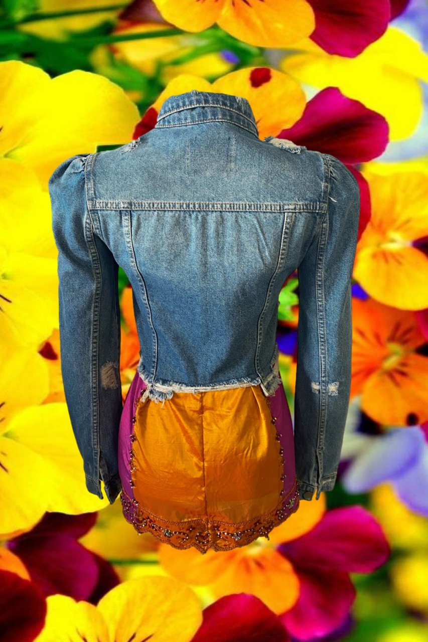 Hint Esintili Eteği Mor ve Turuncu Kumaşlı Jean Ceket