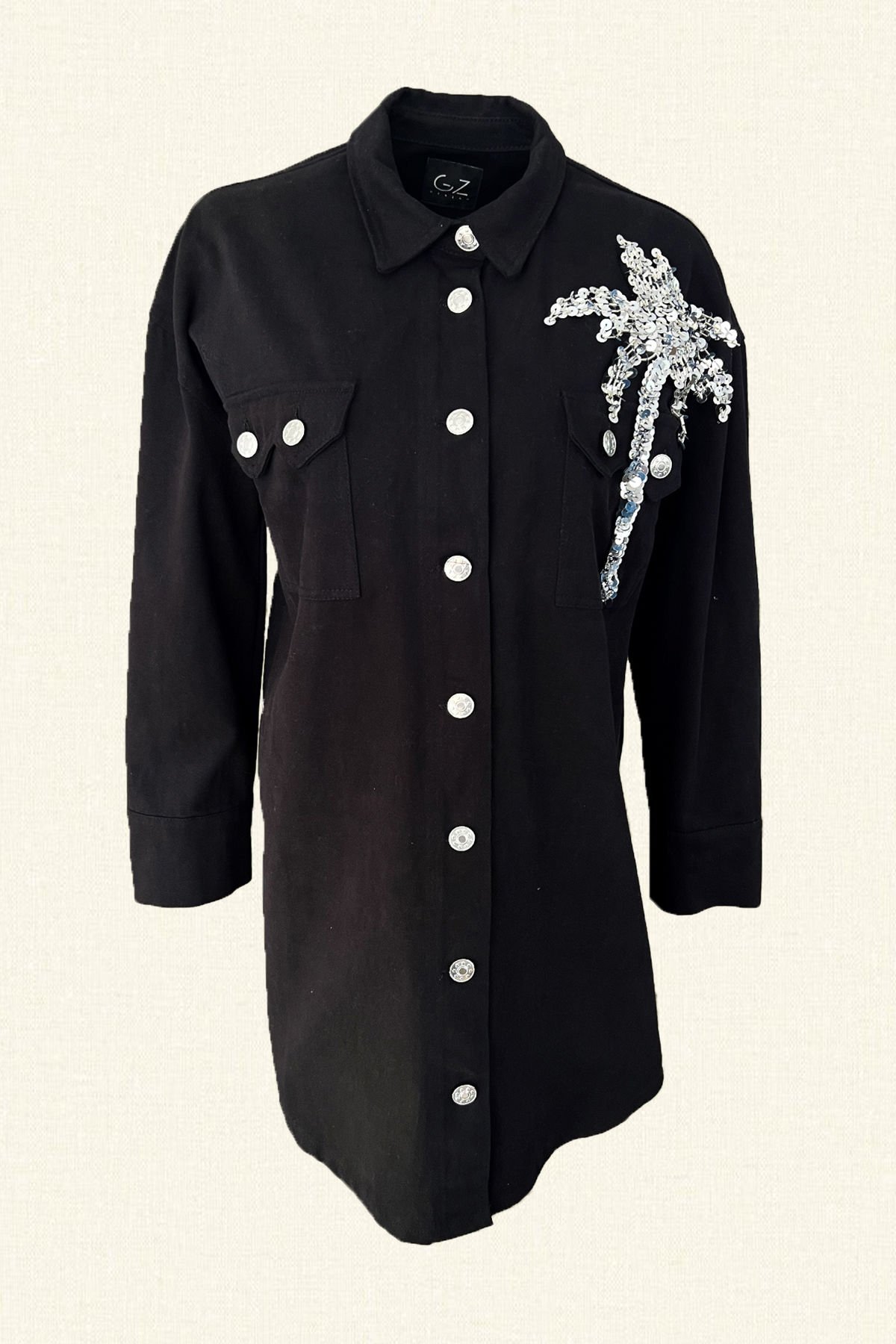 Gümüş Palmiye İşlemeli Uzun Siyah Jean Ceket