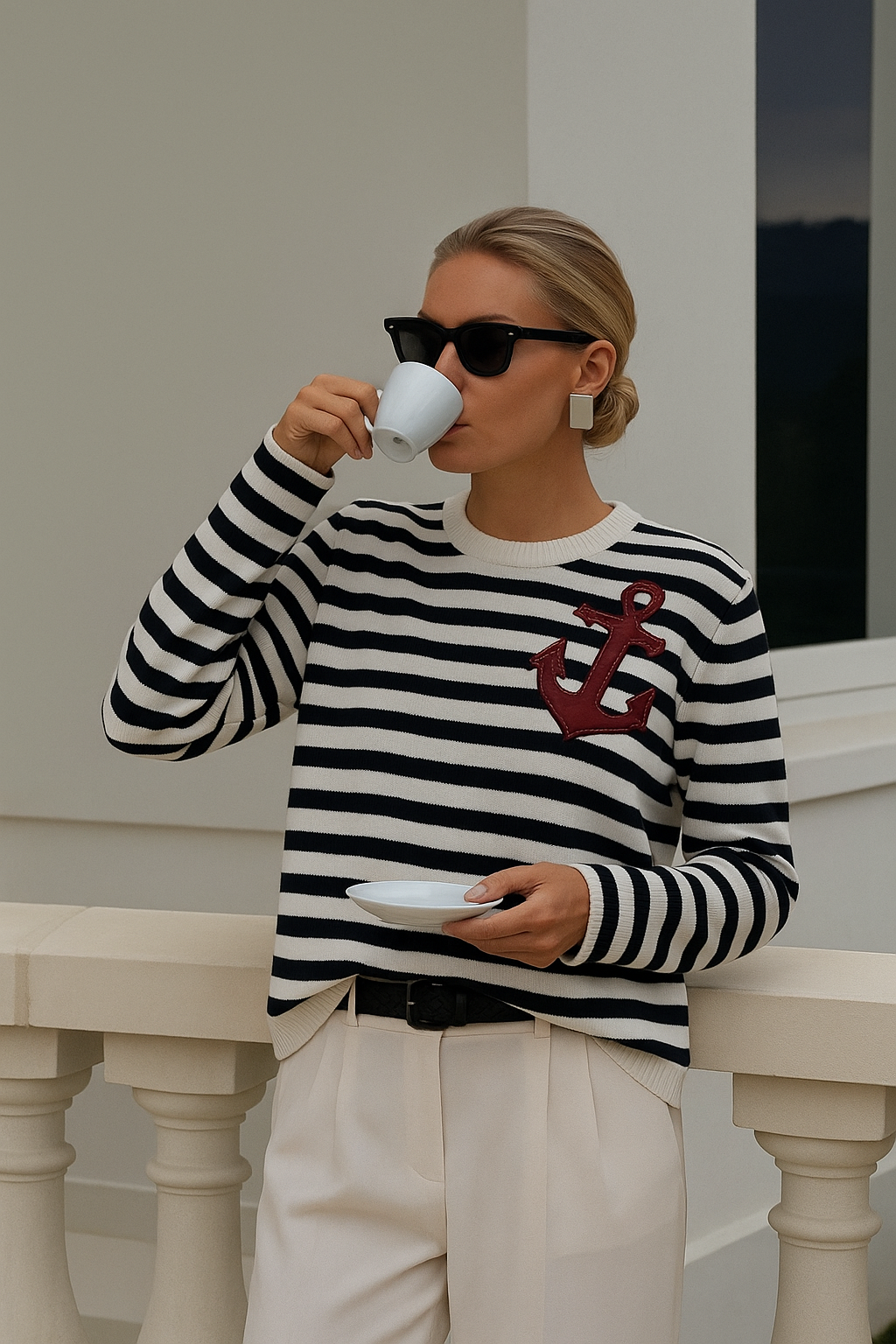 Deri Üzeri Çapa Figürlü Siyah Çizgili Beyaz Triko Kazak