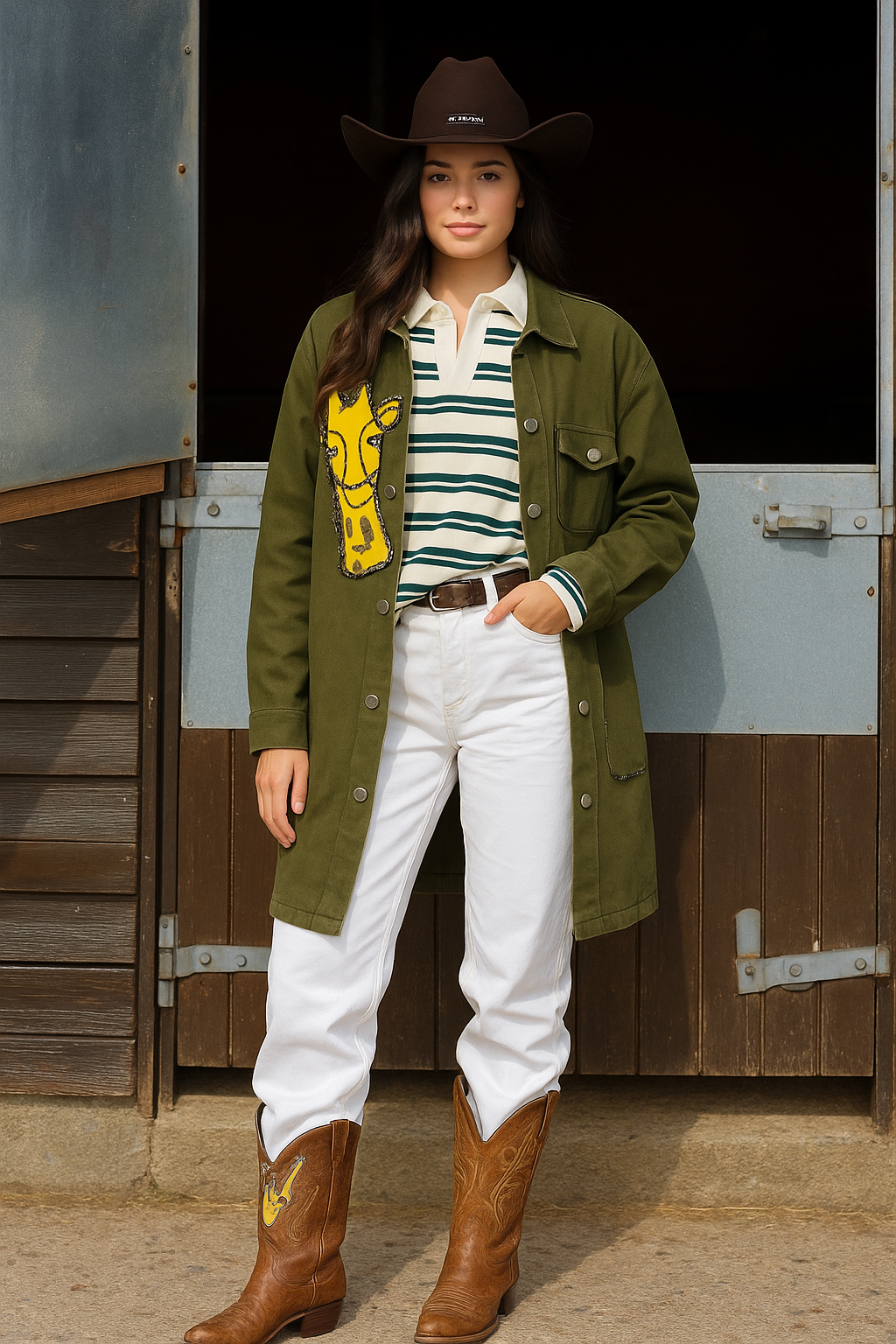 Deri Üzeri Boncuk İşlemeli Zürafa Figürlü Uzun Yeşil Renk Jean Ceket