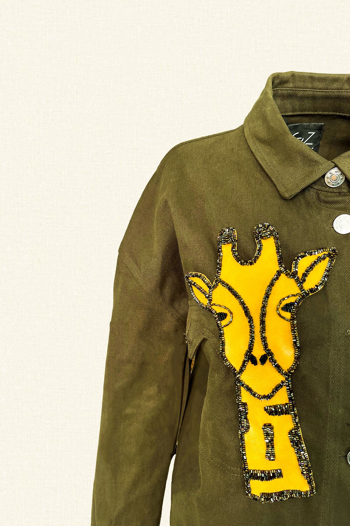 Deri Üzeri Boncuk İşlemeli Zürafa Figürlü Uzun Yeşil Renk Jean Ceket