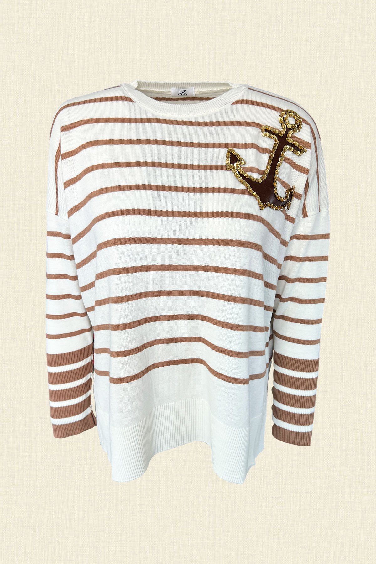 Deri Üzeri Çapa Figürlü Krem Çizgili Beyaz Triko Kazak