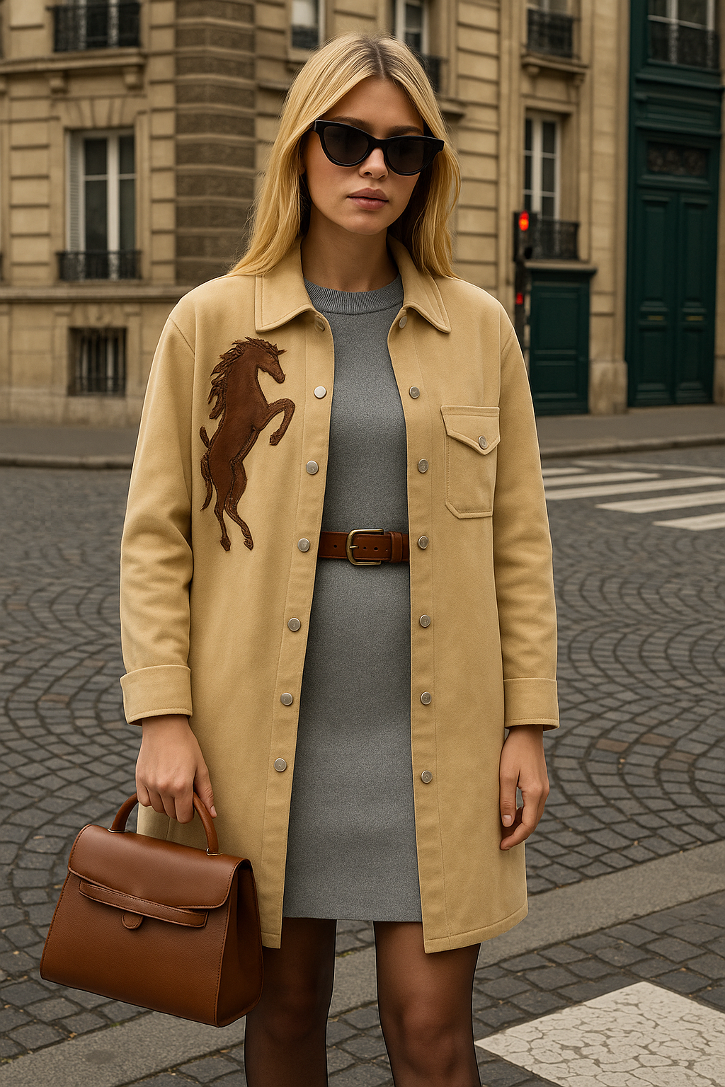 Deri Üzeri Boncuk İşlemeli At Figürlü Uzun Krem Renk Jean Ceket