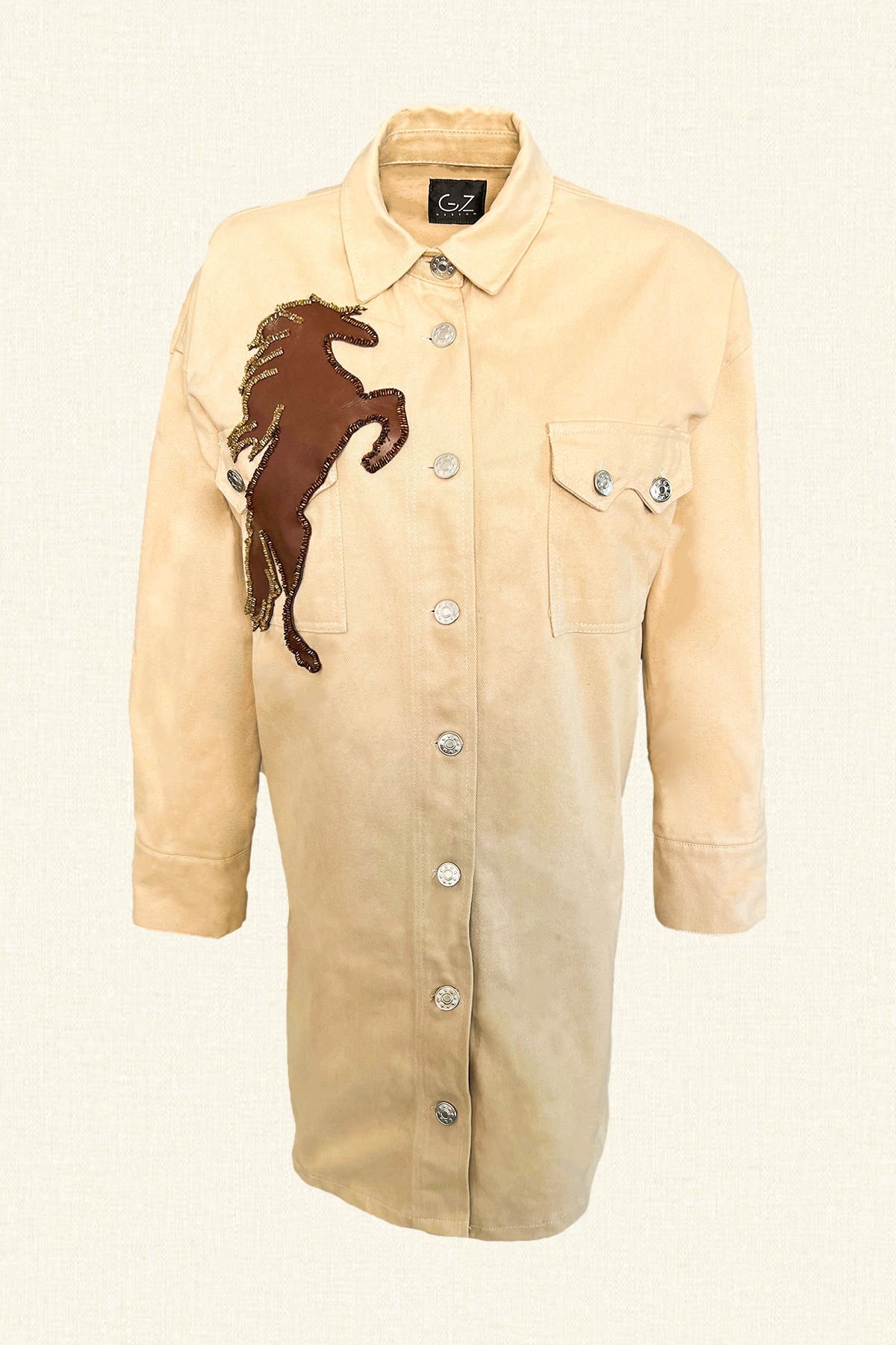 Deri Üzeri Boncuk İşlemeli At Figürlü Uzun Krem Renk Jean Ceket