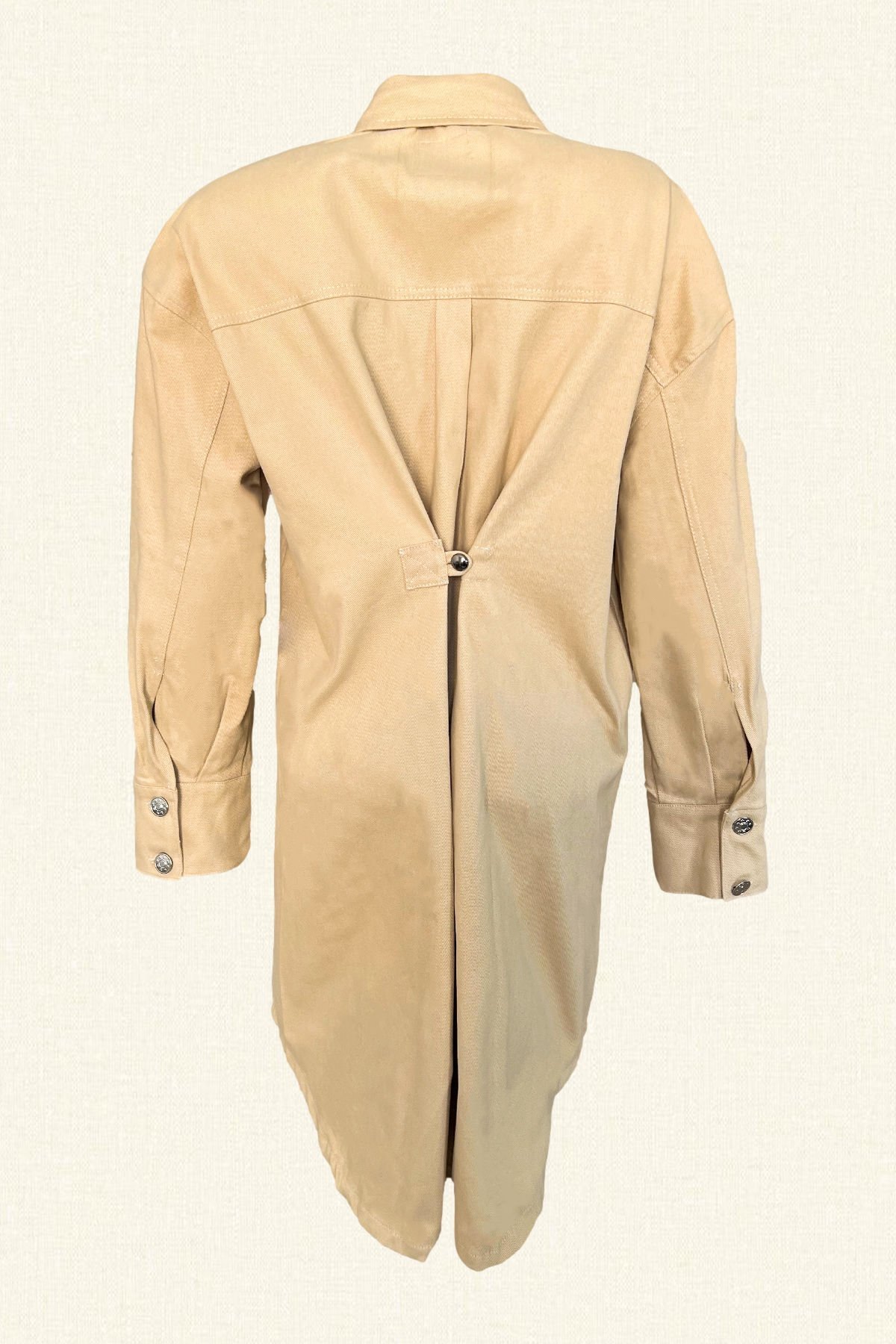 Deri Üzeri Boncuk İşlemeli At Figürlü Uzun Krem Renk Jean Ceket