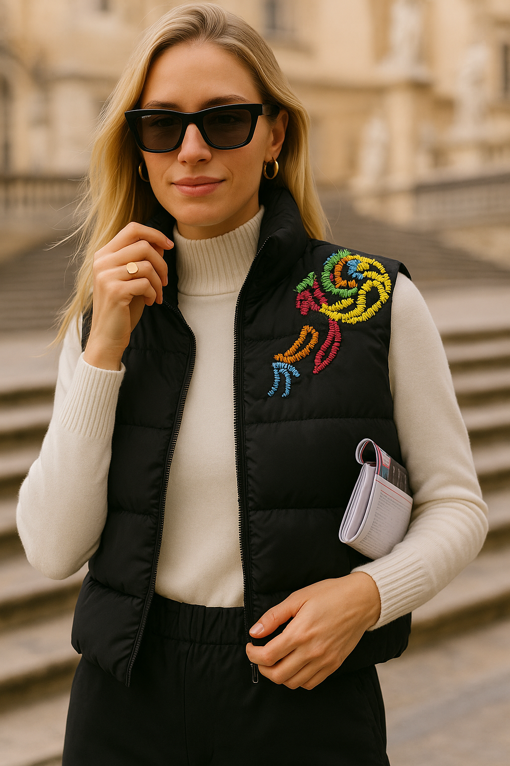 Renkli Boncuk İşlemeli Siyah Bomber Şişme Yelek