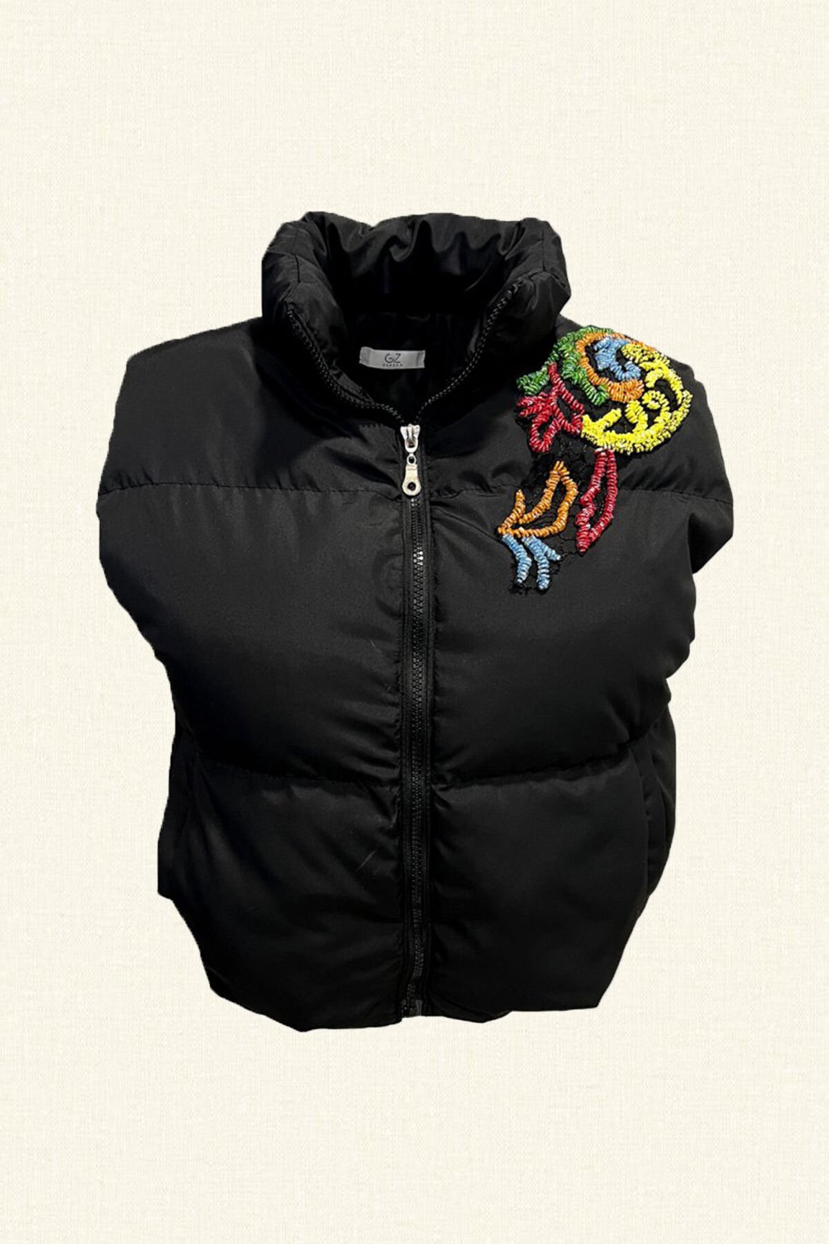 Renkli Boncuk İşlemeli Siyah Bomber Şişme Yelek