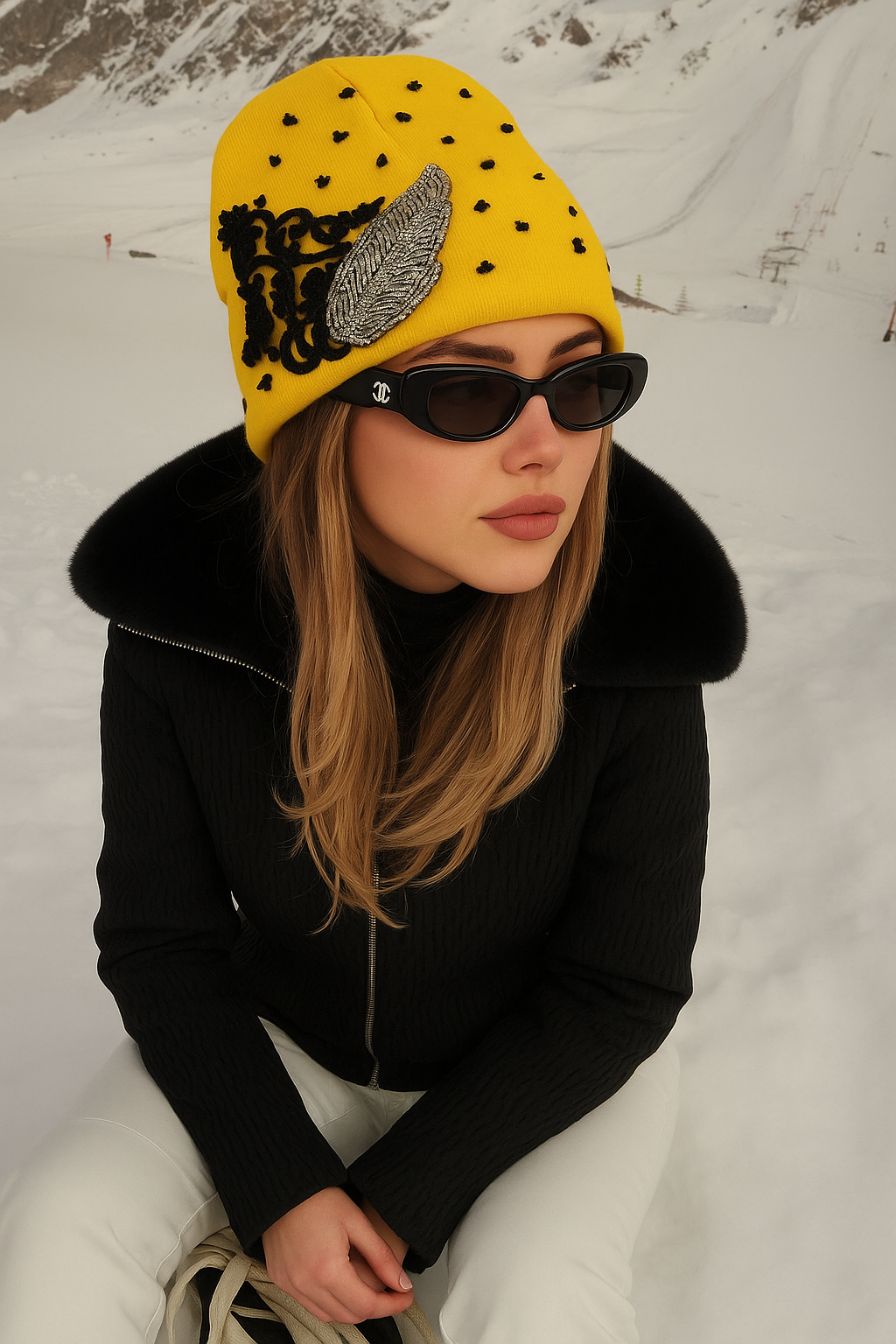 Yaprak Desenli Sarı Bere