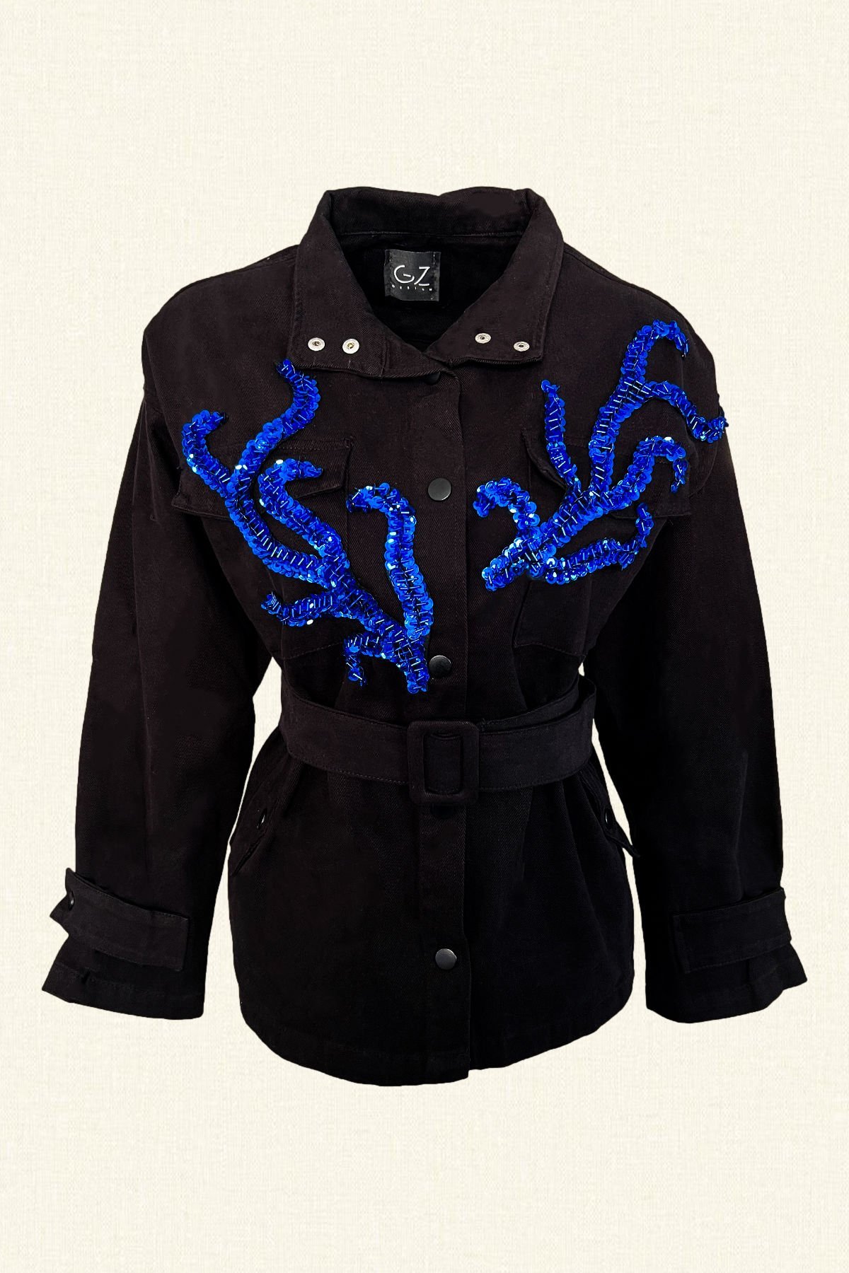 Mavi Dal İşlemeli Siyah Renk Jean Ceket