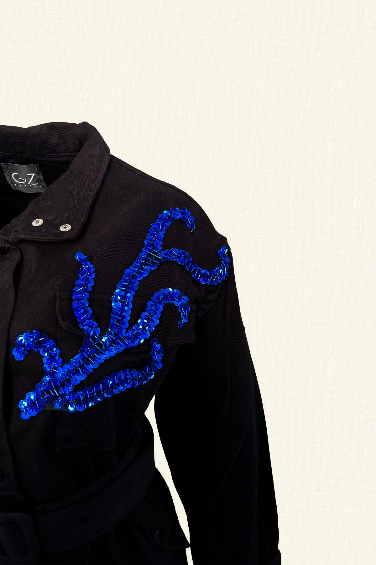 Mavi Dal İşlemeli Siyah Renk Jean Ceket