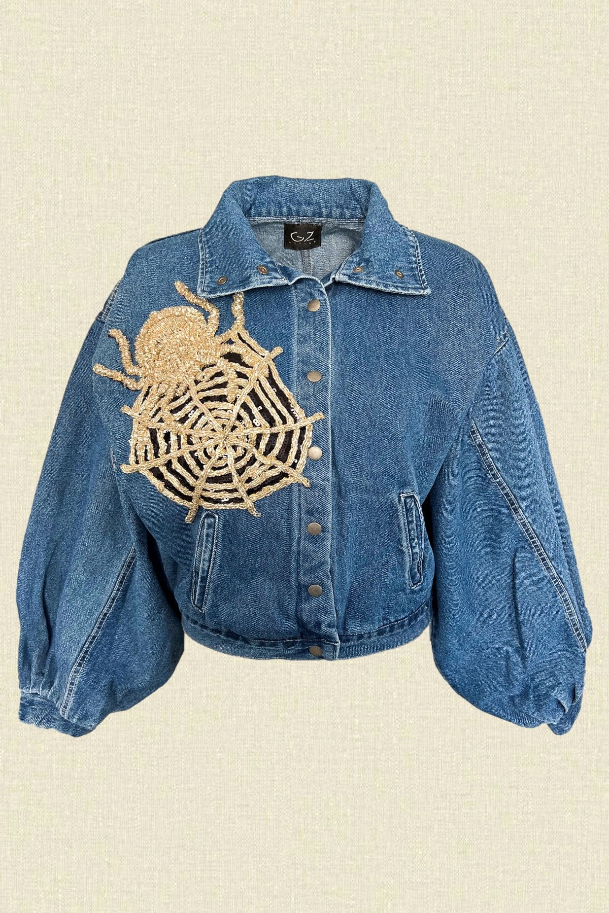 Örümcek İşlemeli Balon Kollu Jean Ceket