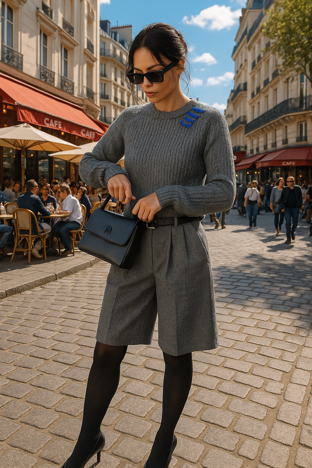 Mavi İşlemeli Gri Triko Kazak