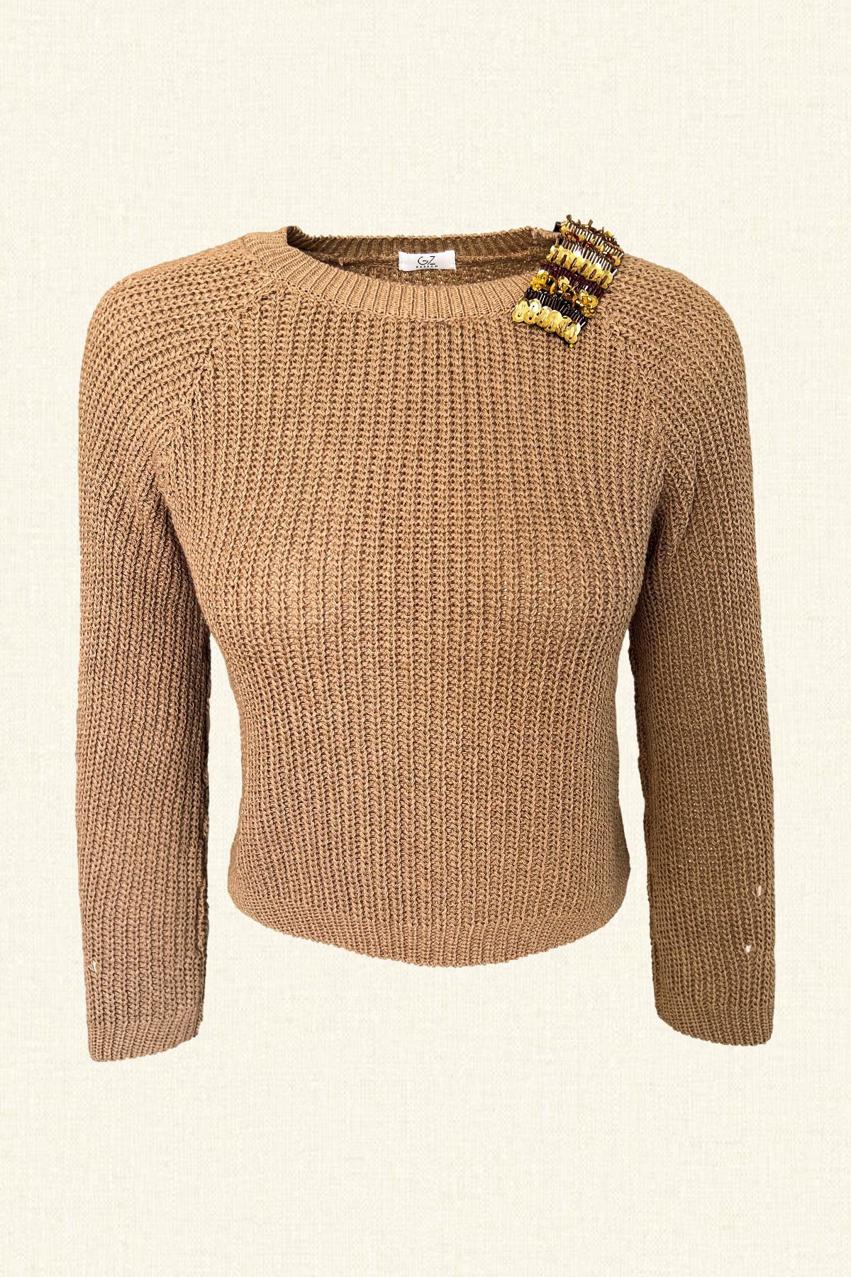 Gold İşlemeli Krem Triko Kazak