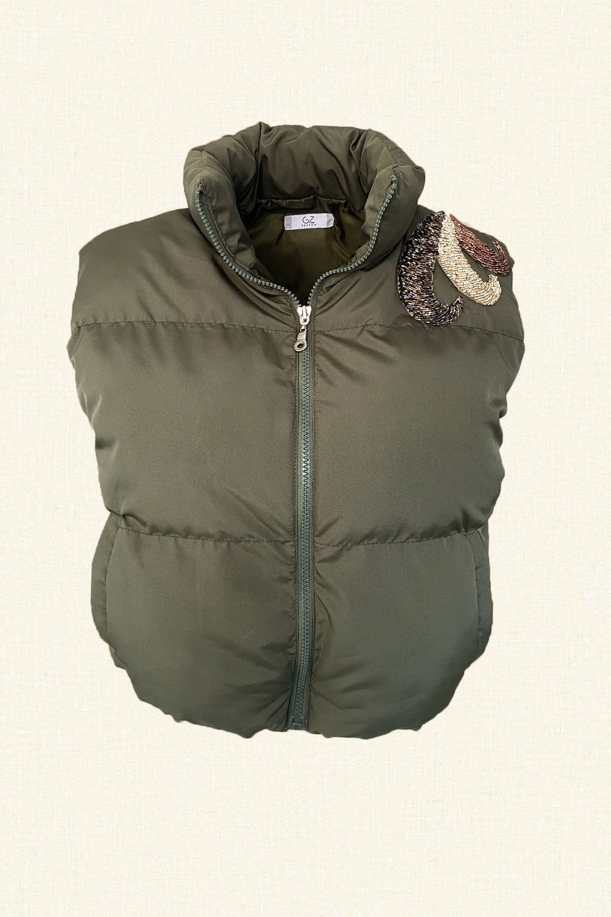 3 Renkli Kristal Taş İşlemeli Asker Yeşili Şişme Yelek