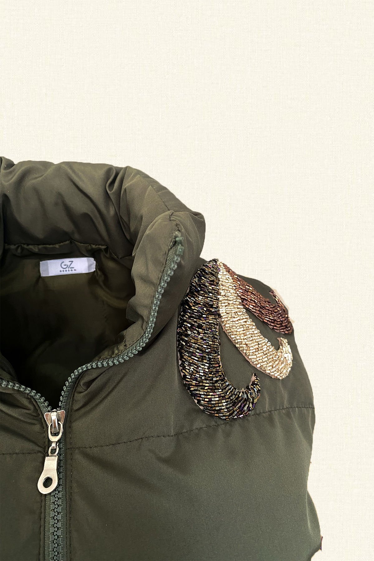 3 Renkli Kristal Taş İşlemeli Asker Yeşili Şişme Yelek