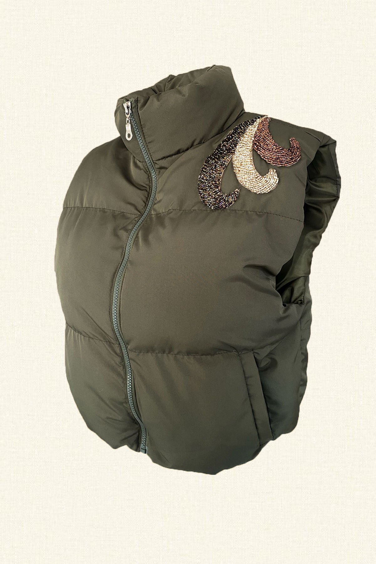 3 Renkli Kristal Taş İşlemeli Asker Yeşili Şişme Yelek