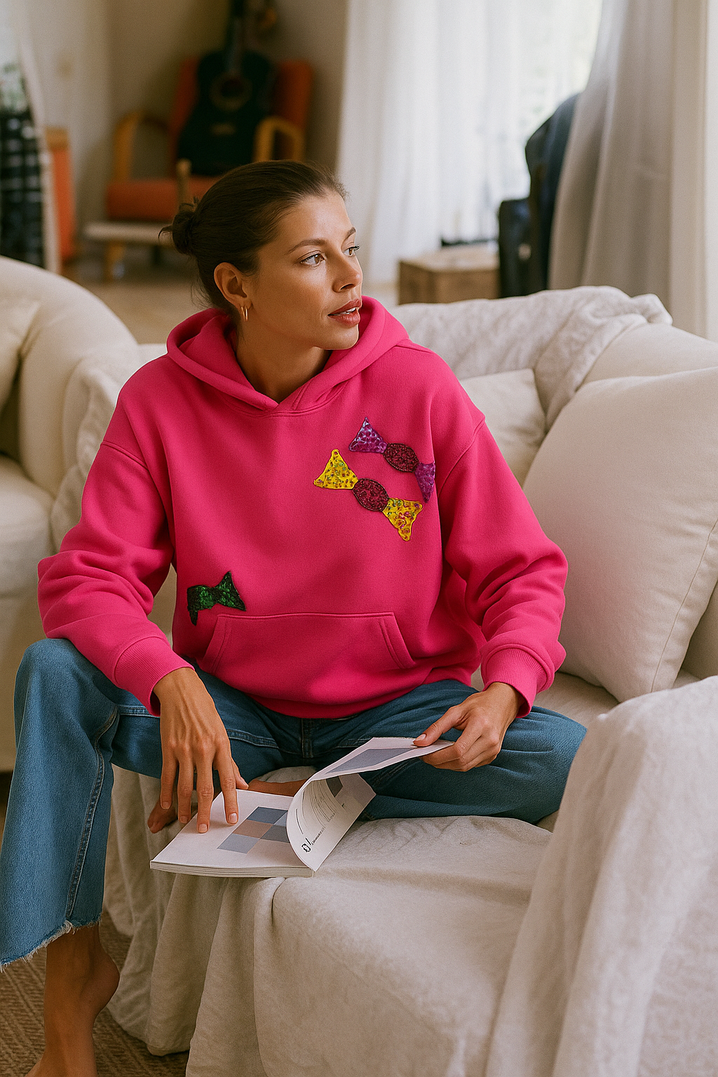 Renkli Bonibon İşlemeli Pembe Renk Oversize Kapüşonlu Sweatshirt