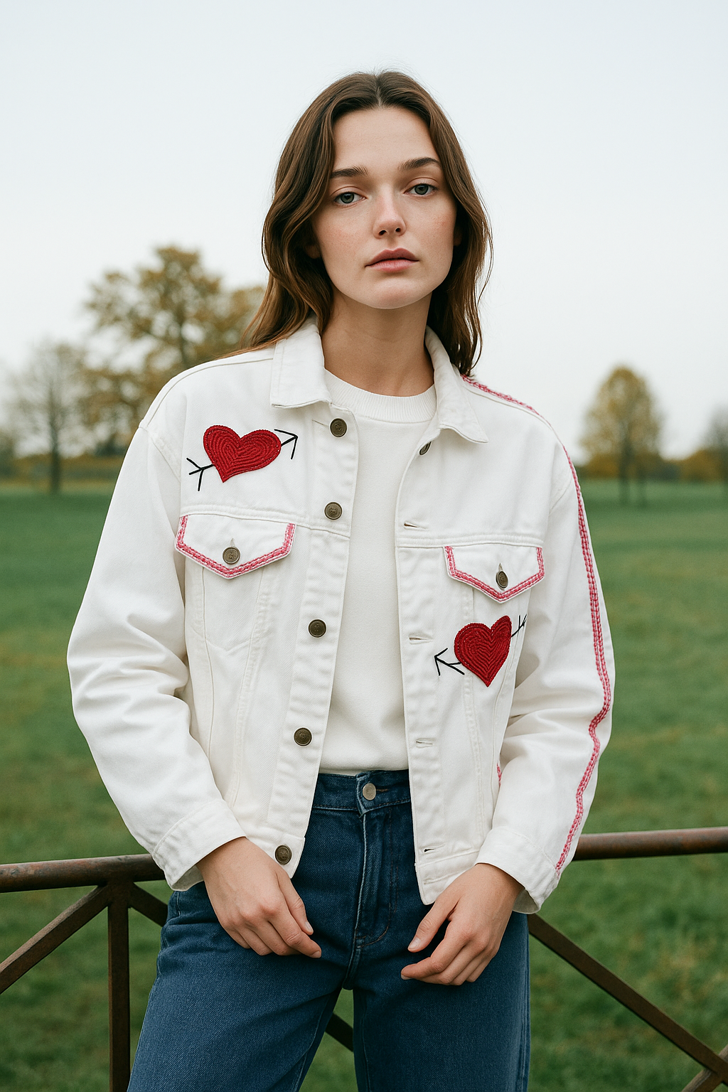 Kırmızı Kalp İşlemeli Beyaz Oversize Jean Ceket