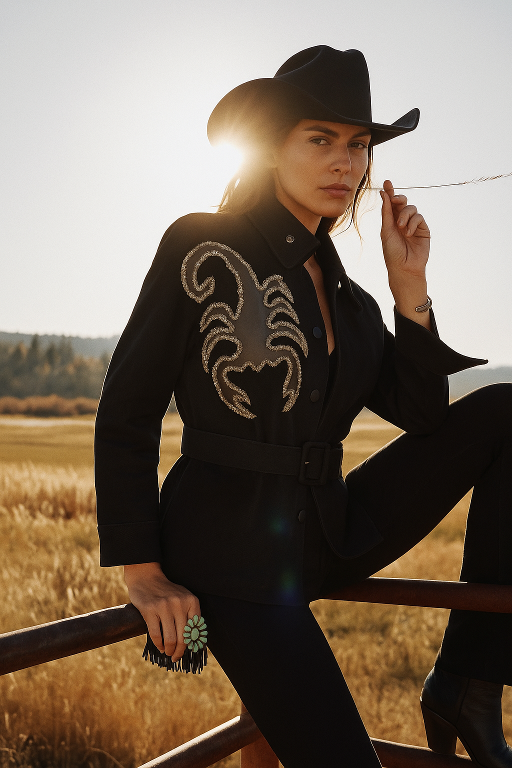 Deri Üzeri Boncuk İşlemeli Akrep Figürlü Siyah Renk Jean Ceket