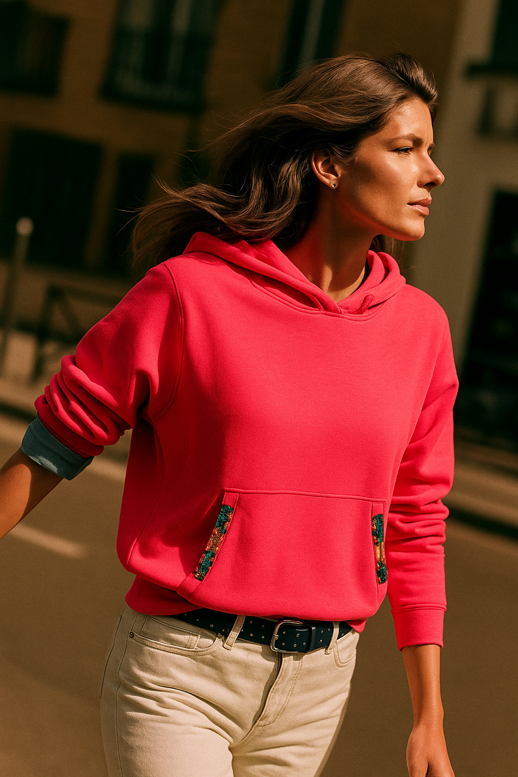 Renkli İşlemeli Neon Pembe Renk Oversize Kapüşonlu Sweatshirt