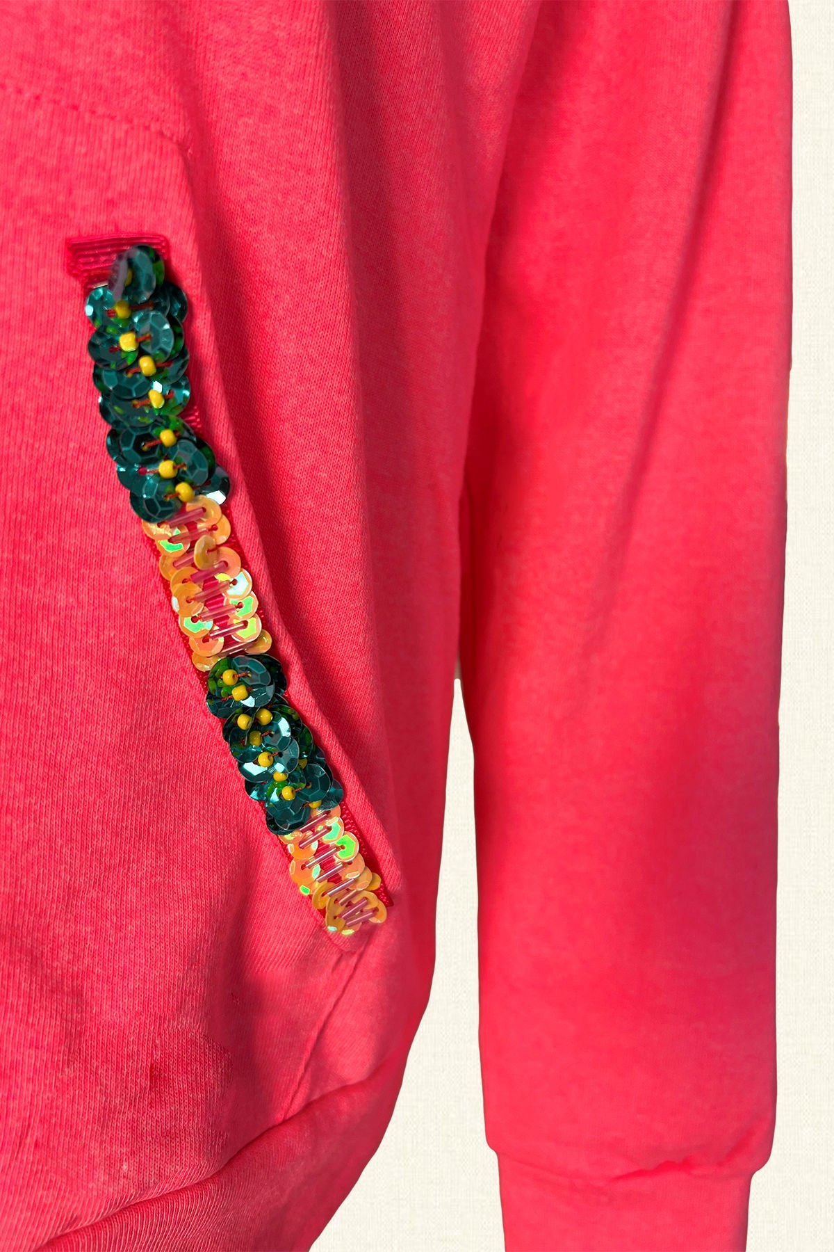 Renkli İşlemeli Neon Pembe Renk Oversize Kapüşonlu Sweatshirt