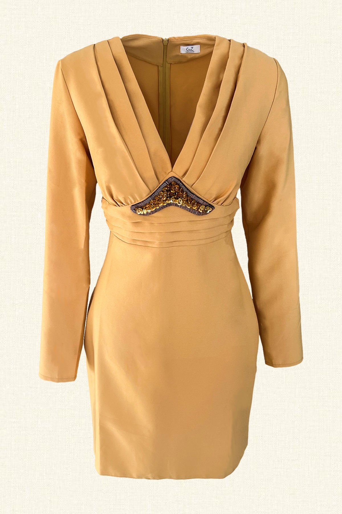 Gold İşlemeli Hardal Renk Elbise