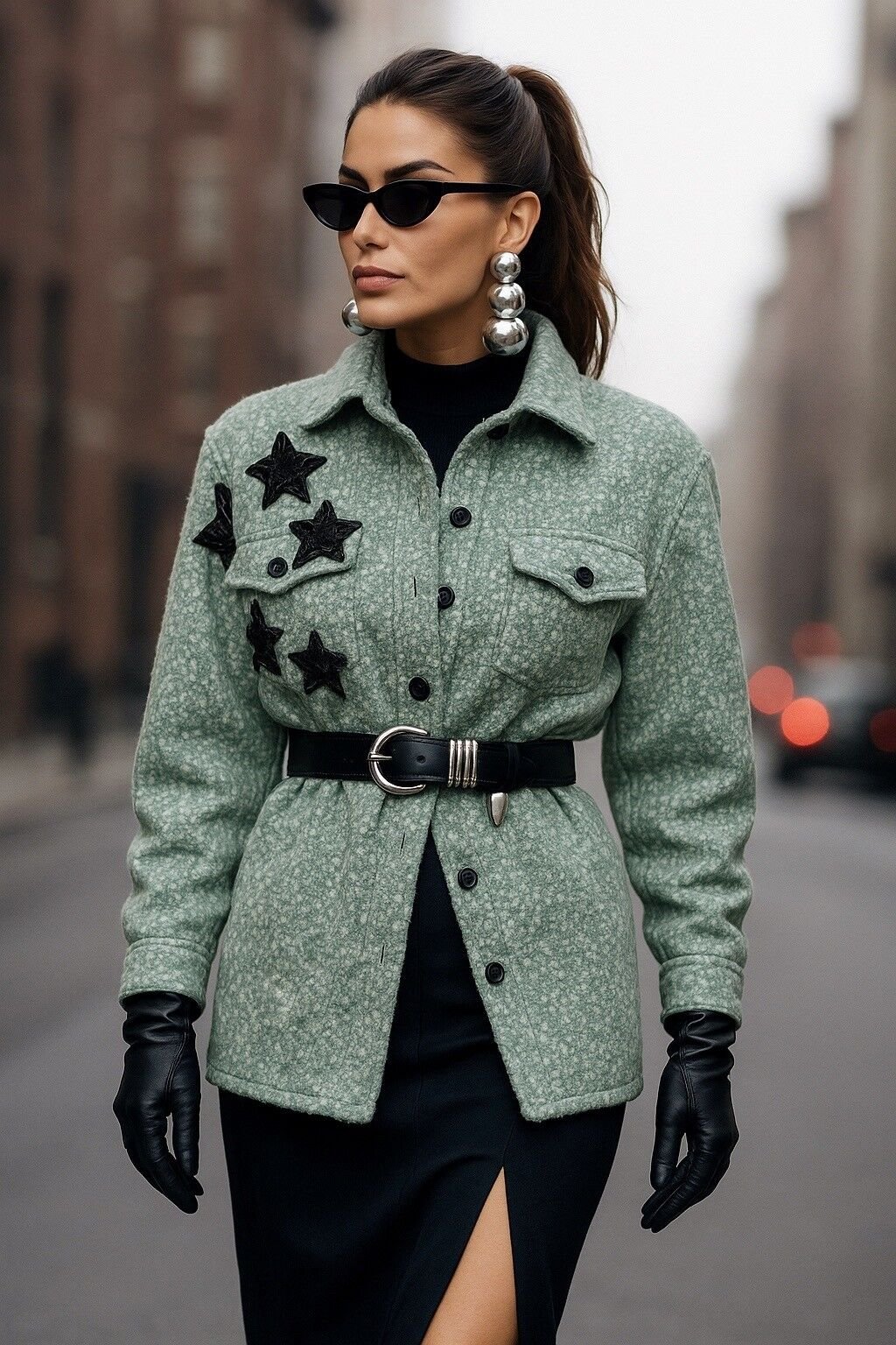Siyah Yıldız İşlemeli Mint Yeşili Yünlü Kaşe Ceket
