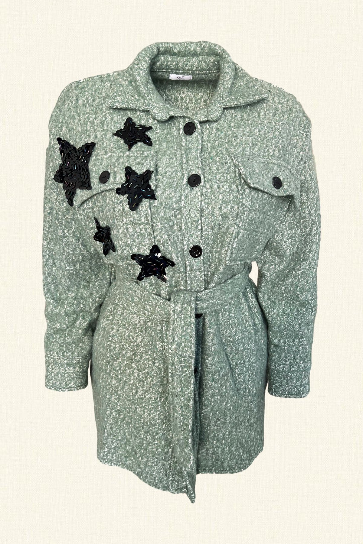 Siyah Yıldız İşlemeli Mint Yeşili Yünlü Kaşe Ceket