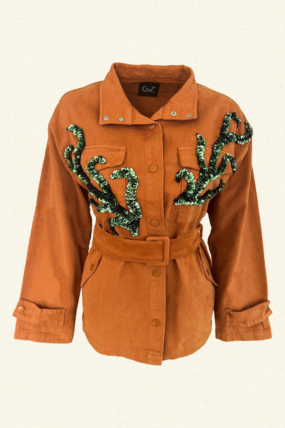 Yeşil Dal İşlemeli Kiremit Renk Jean Ceket
