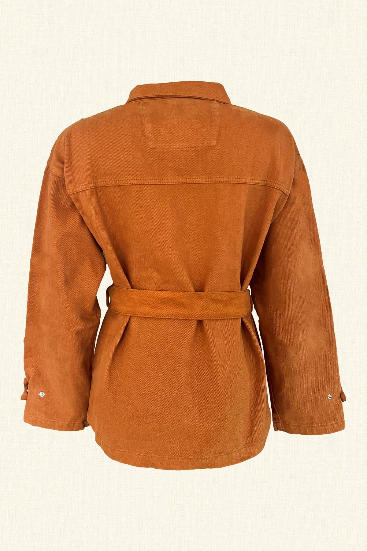 Yeşil Dal İşlemeli Kiremit Renk Jean Ceket