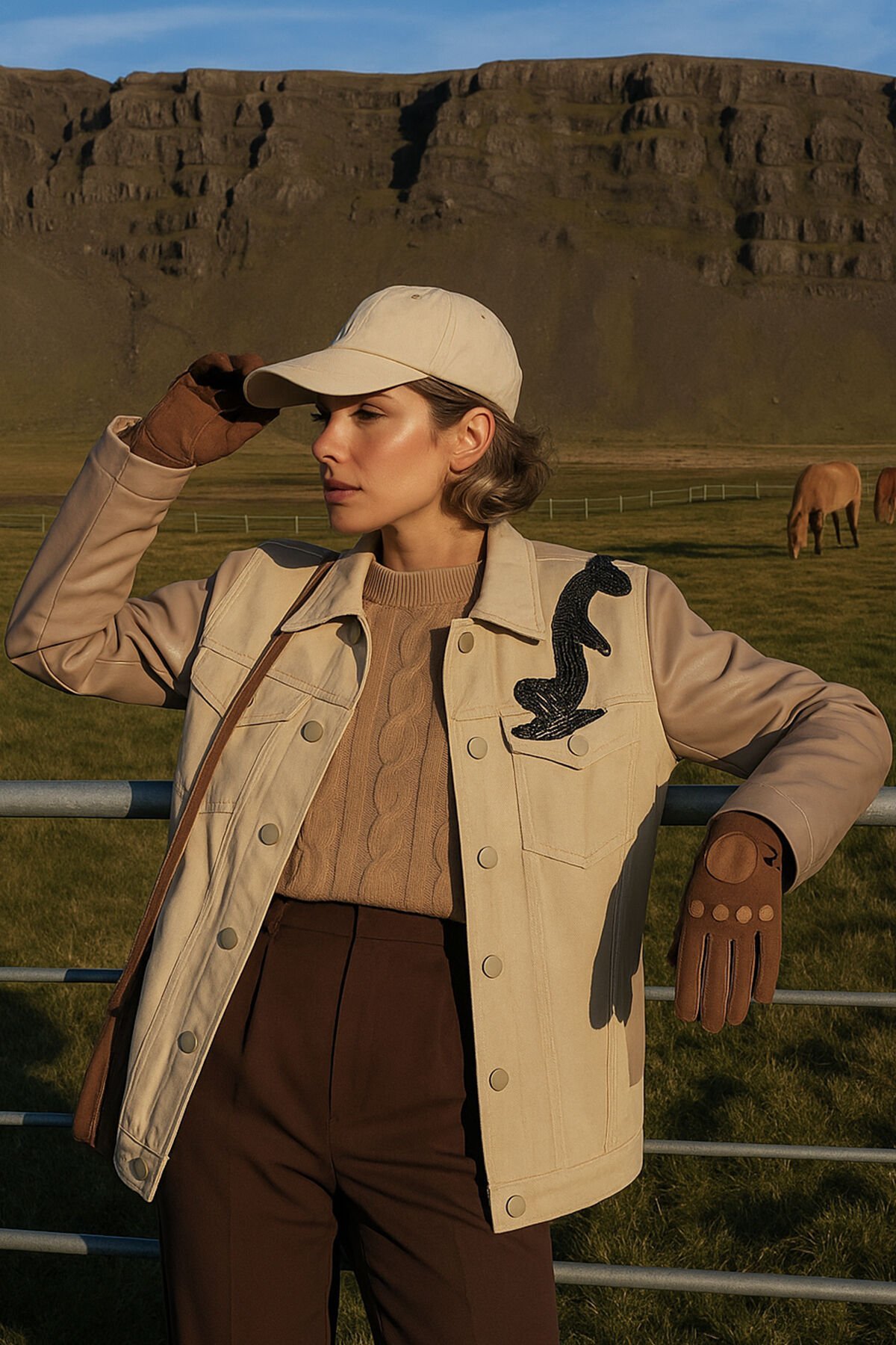 Bakır İşlemeli Kolları Deri Detaylı Krem Rengi Jean Ceket