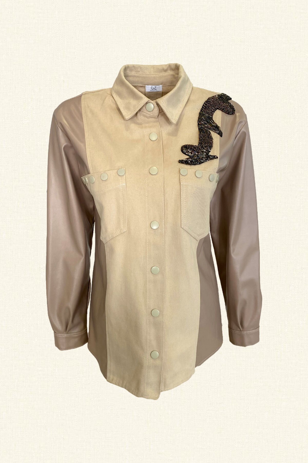 Bakır İşlemeli Kolları Deri Detaylı Krem Rengi Jean Ceket