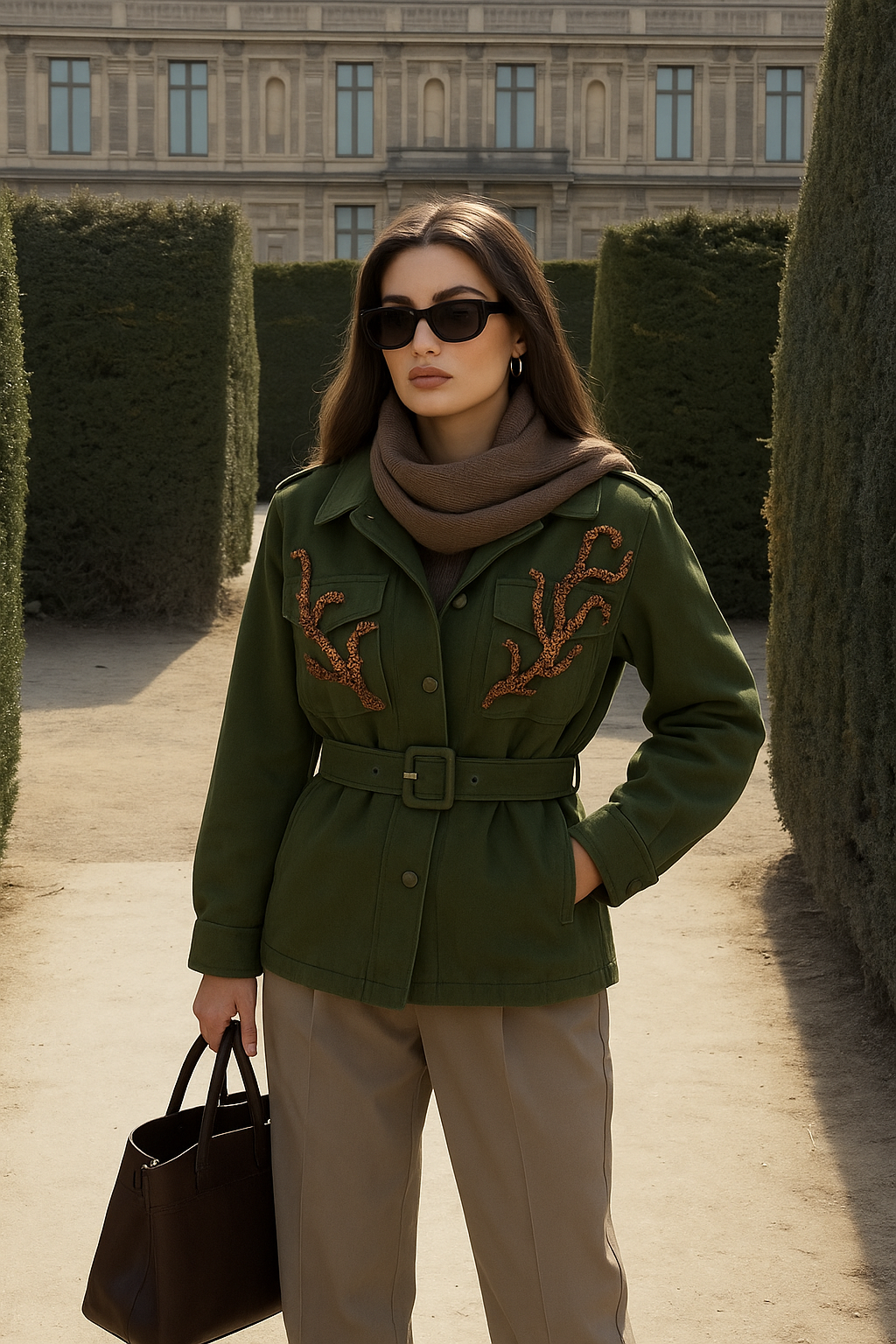 Bakır Dal İşlemeli Yeşil Renk Jean Ceket