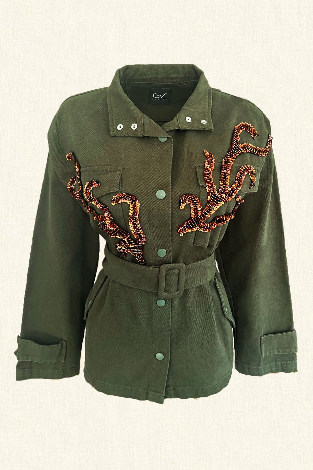 Bakır Dal İşlemeli Yeşil Renk Jean Ceket