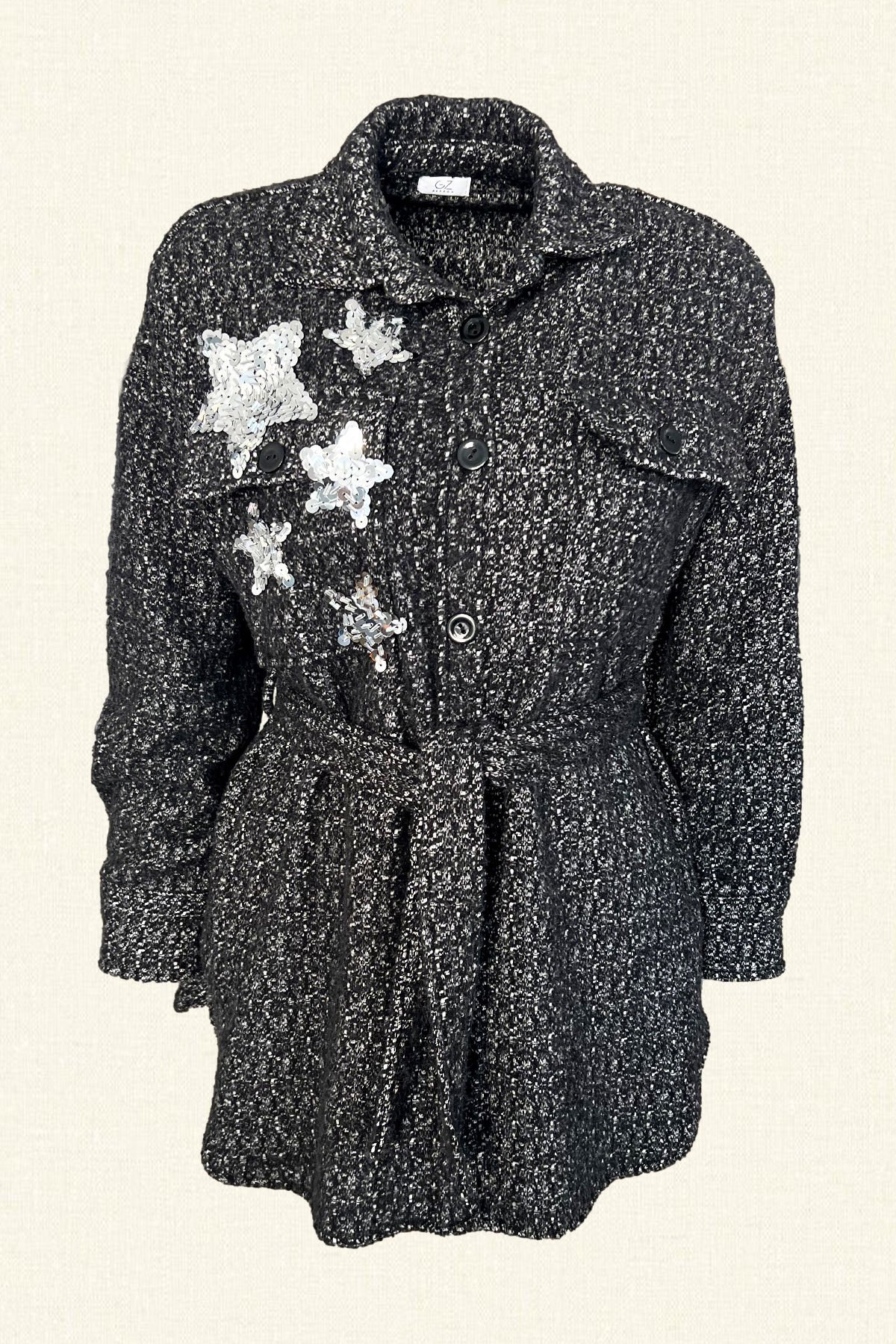 Gümüş Yıldız İşlemeli Siyah Yünlü Kaşe Ceket