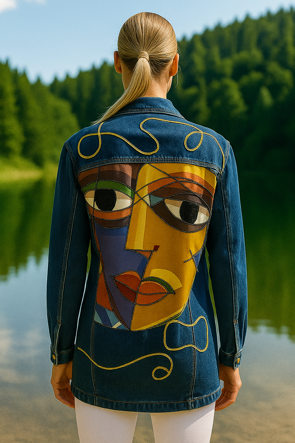 Sırtı Yüz Figürlü Uzun Koyu Renk Jean Ceket